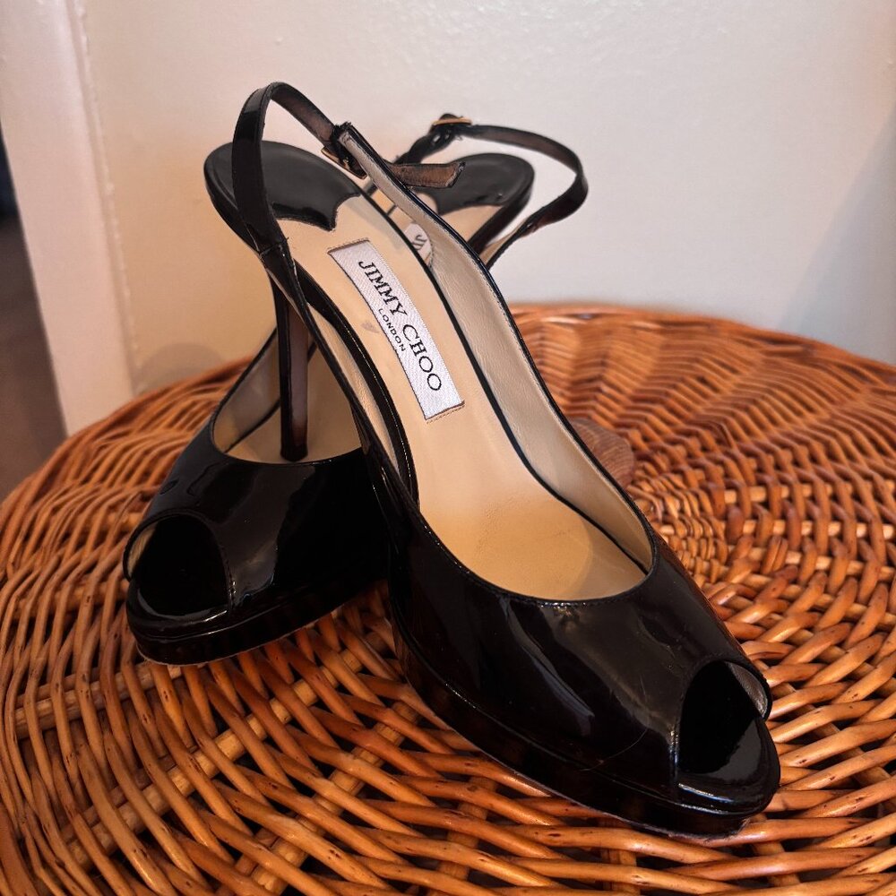 Jimmy Choo London Black Patent Leather Slingback Heels Size 38